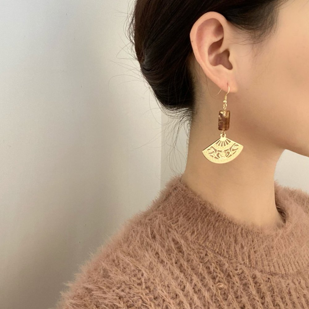 Ancient Asian Fan Stone Drop Earrings - Picture 1 of 11